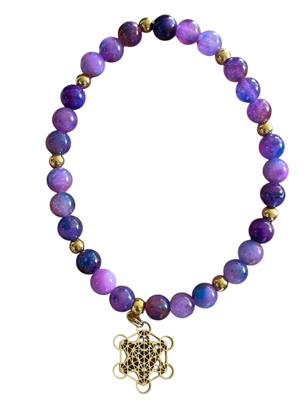 Sugilite Purple Beaded Bracelet and gold Metatron's Cube charm